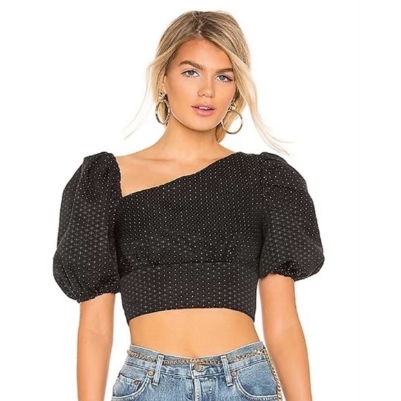 Revolve H:ours Black One Shoulder Crop Top Asymmetrical Puff Sleeve Small Spring - Picture 8 of 8